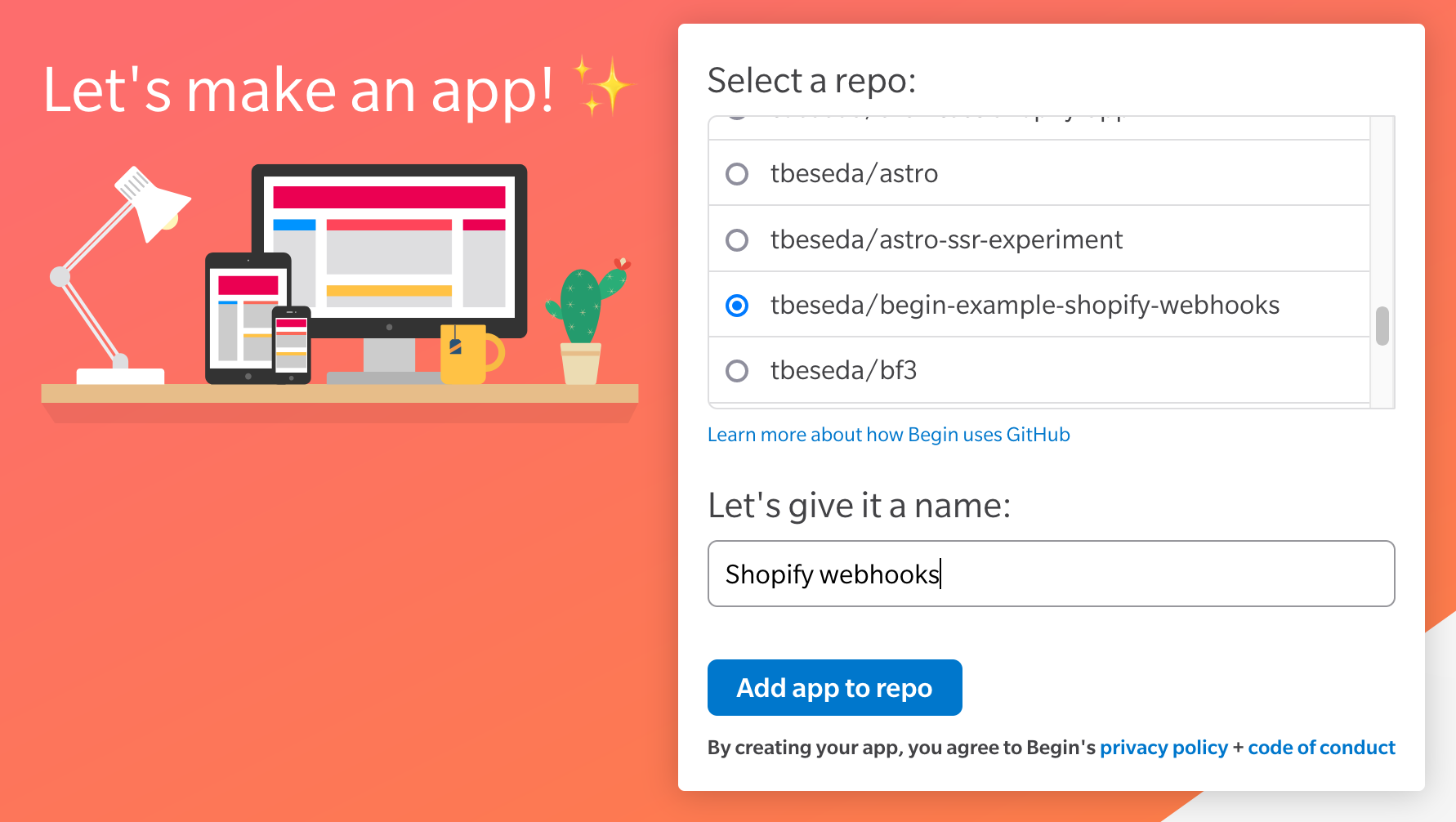 Begin.com select repo