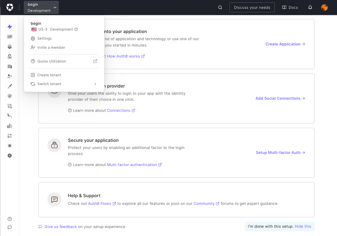 Create tenant from Auth0 dashboard